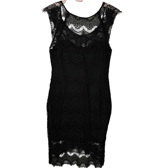 Free People Intimately Black Peekaboo Eyelash Lace Hi-Low Bodycon Lace Dress M - Picture 6 of 16